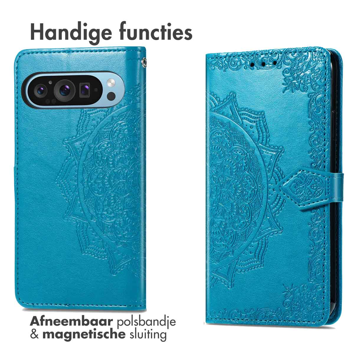 Blauw telefoonhoesje met bloemenpatroon en magnetische sluiting.