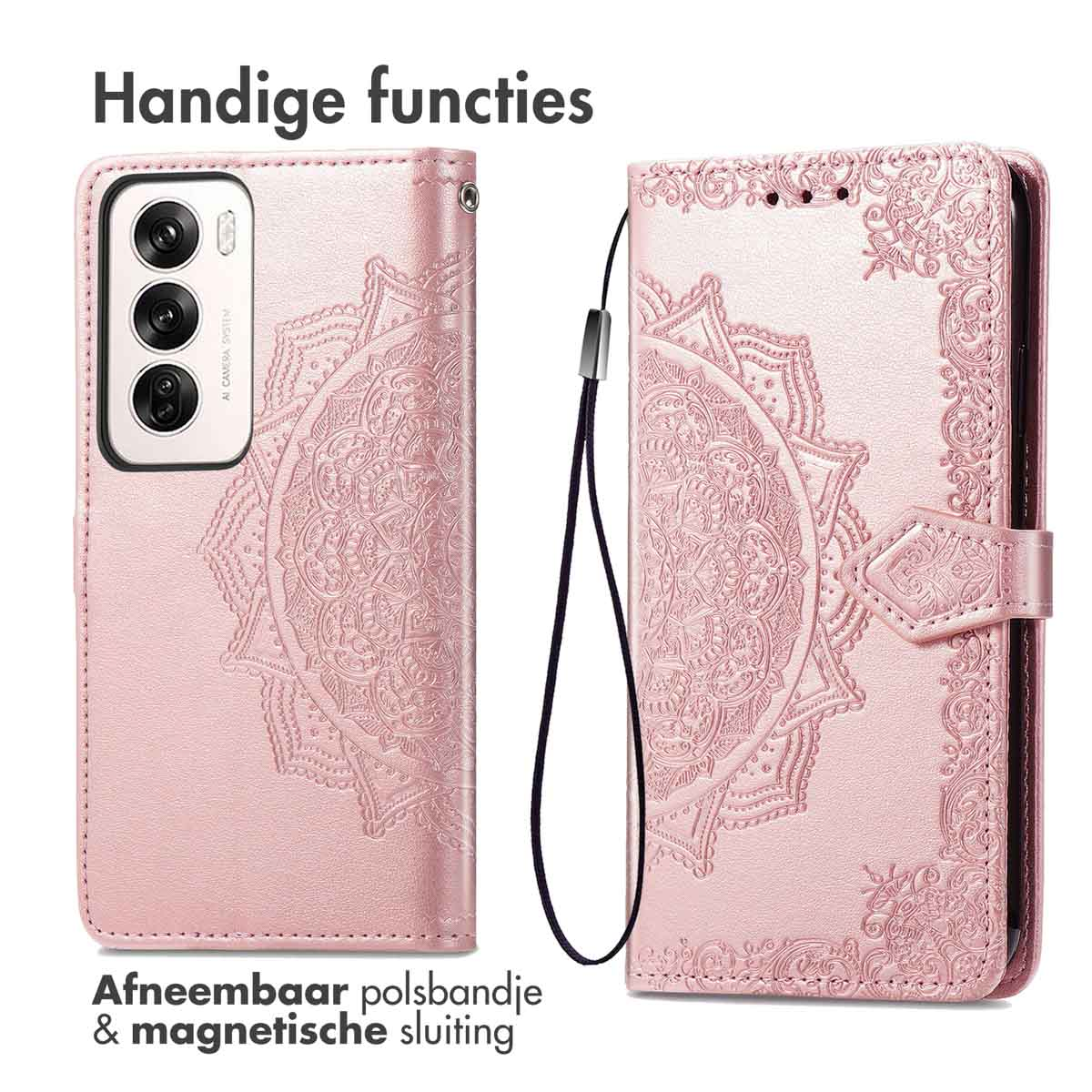 Roze telefoonhoes met mandala-ontwerp, polsbandje en magnetische sluiting.
