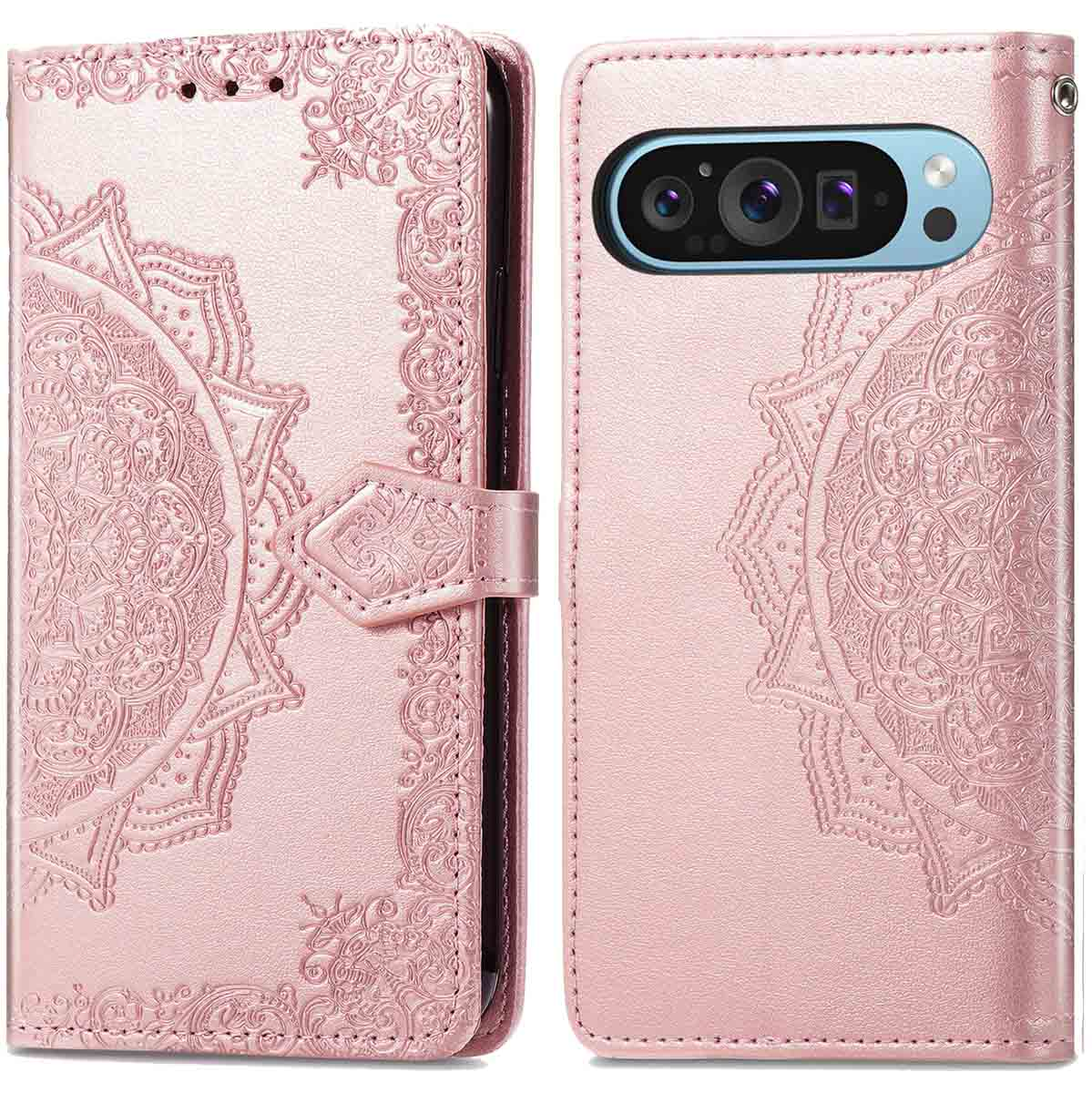 Roze telefoonhoes met reliëf. Magnetische sluiting. Telefoon met camera zichtbaar.