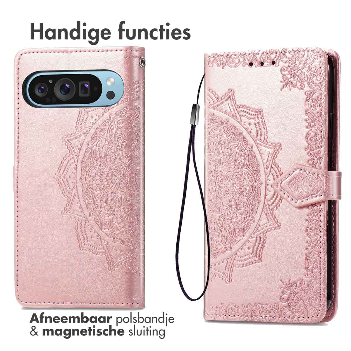 Roze telefoonhoes met mandala-ontwerp. Met afneembare polsband en magnetische sluiting.