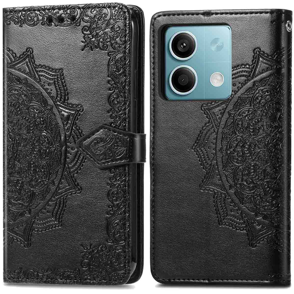 Zwarte telefoonhoes met mandala-ontwerp en een flap.