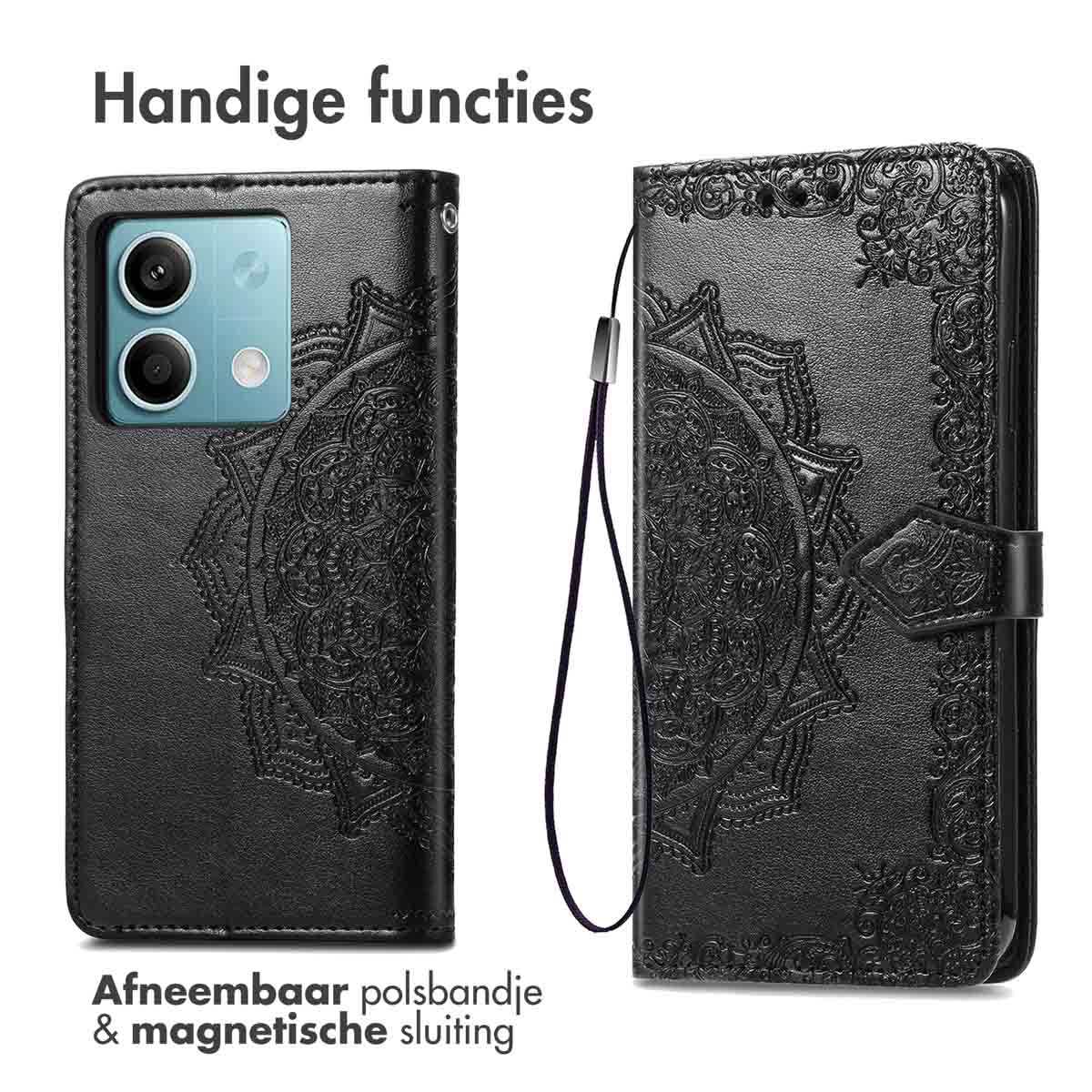 Zwarte telefoonhoes open, met mandala-ontwerp. Polsband. Zwart leer.