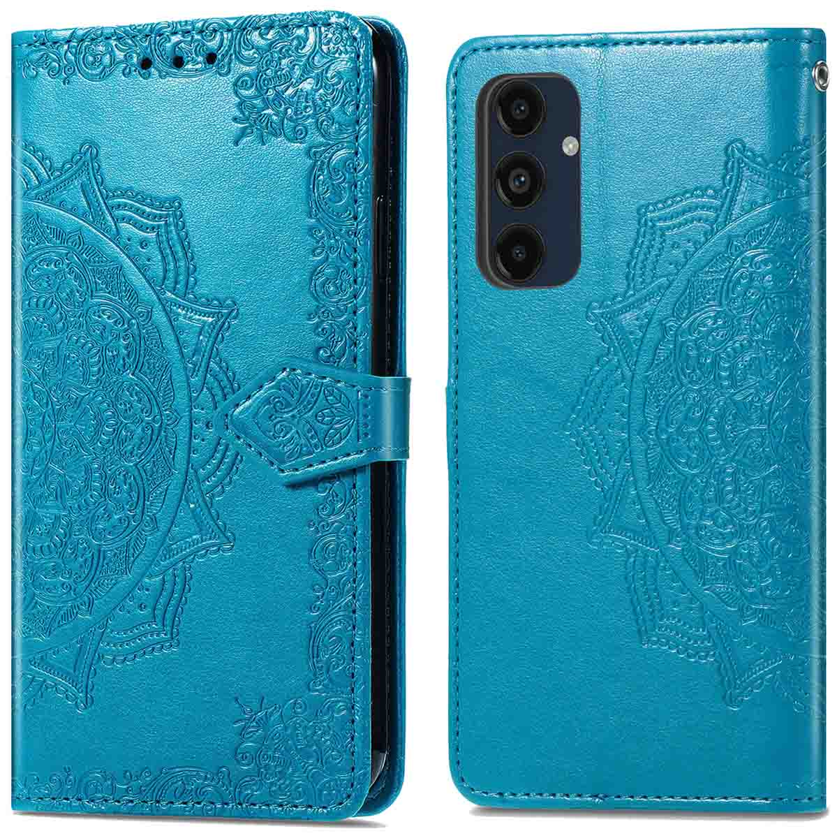 Étui de téléphone bleu ouvert, avec motif mandala et un téléphone. Fermoir magnétique.