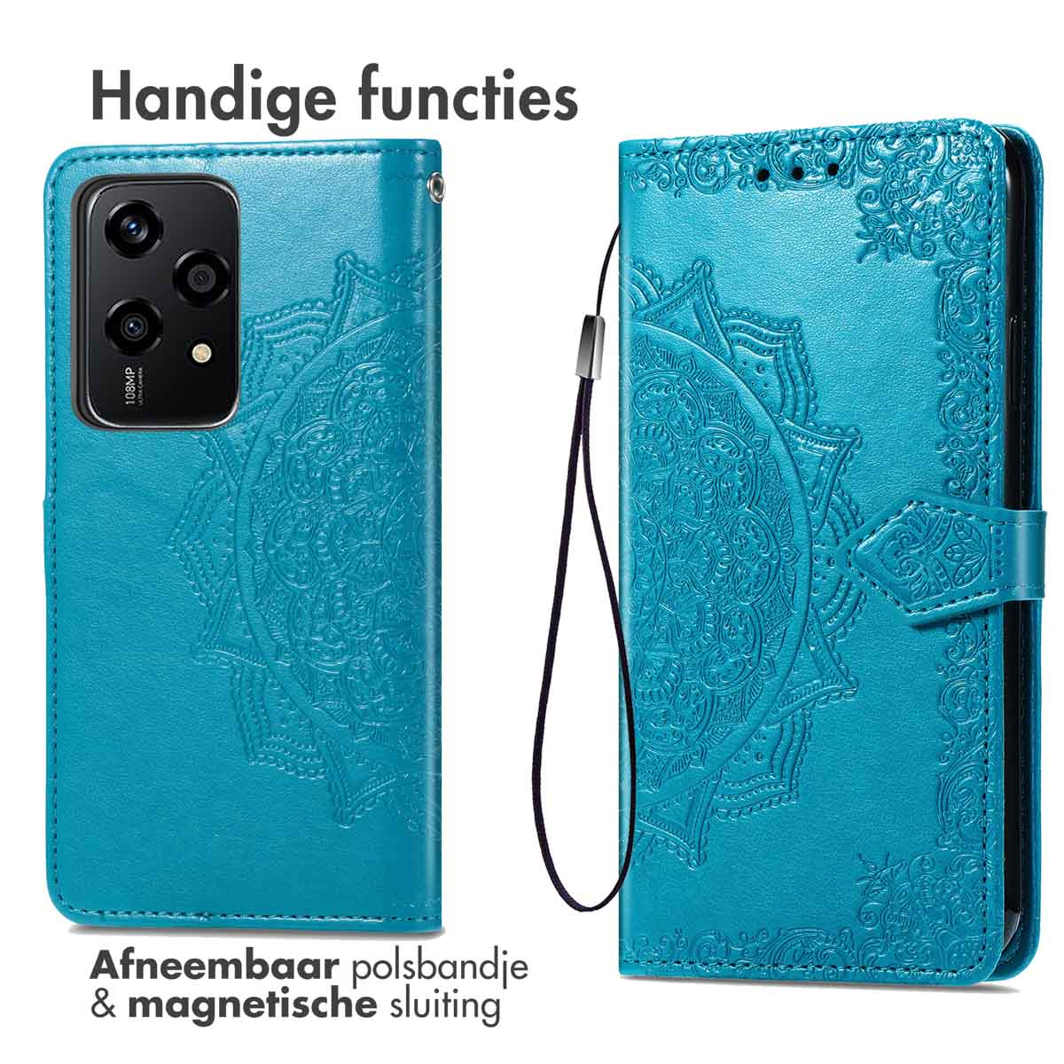 Petrol telefoonhoesje met mandala-ontwerp, met afneembare polsband en magnetische sluiting.