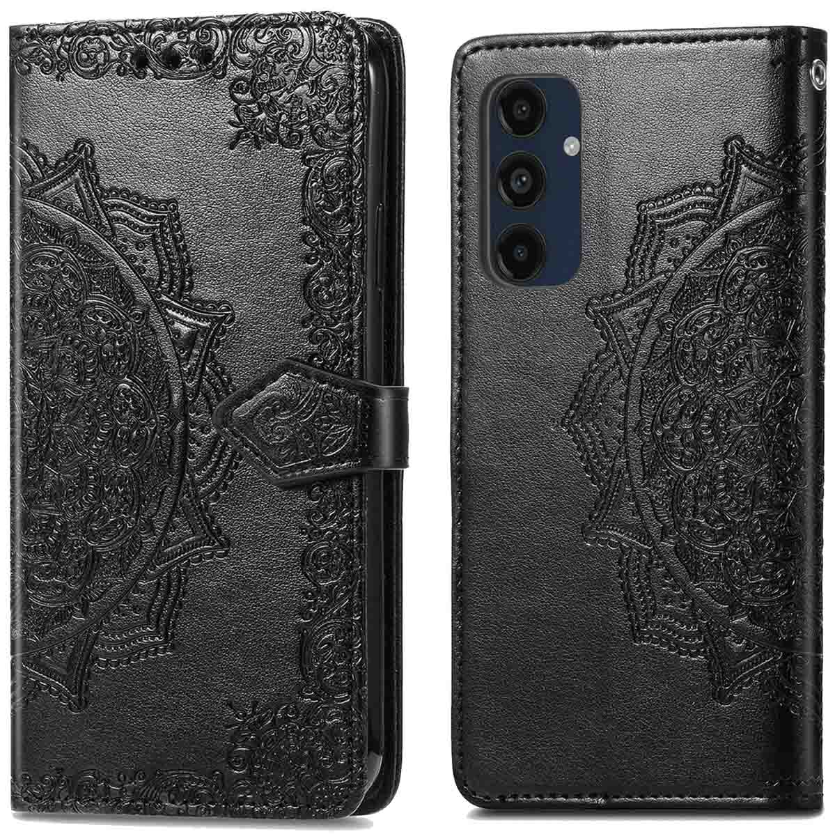 Zwarte telefoonhoes open met mandala-ontwerp. Telefoon zichtbaar. Leer.