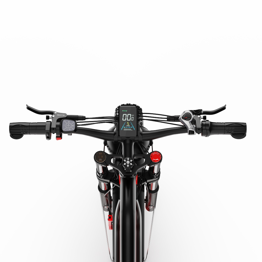 Manubrio, display e comandi della bici visti dall'alto.