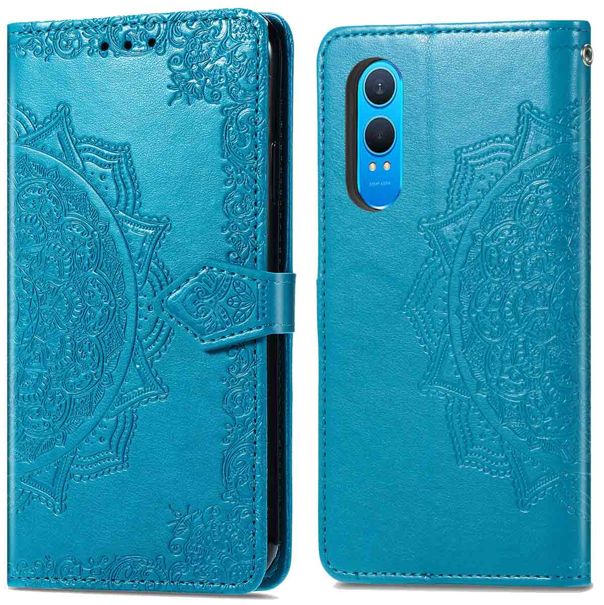 Étui de téléphone en deux parties de couleur sarcelle avec un motif de mandala. Le téléphone est à droite.