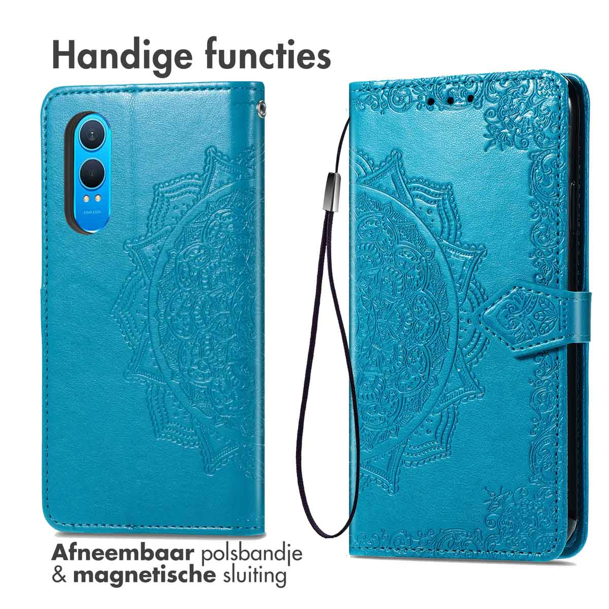 Coque de téléphone turquoise avec motif mandala. Avec dragonne amovible et fermeture magnétique.