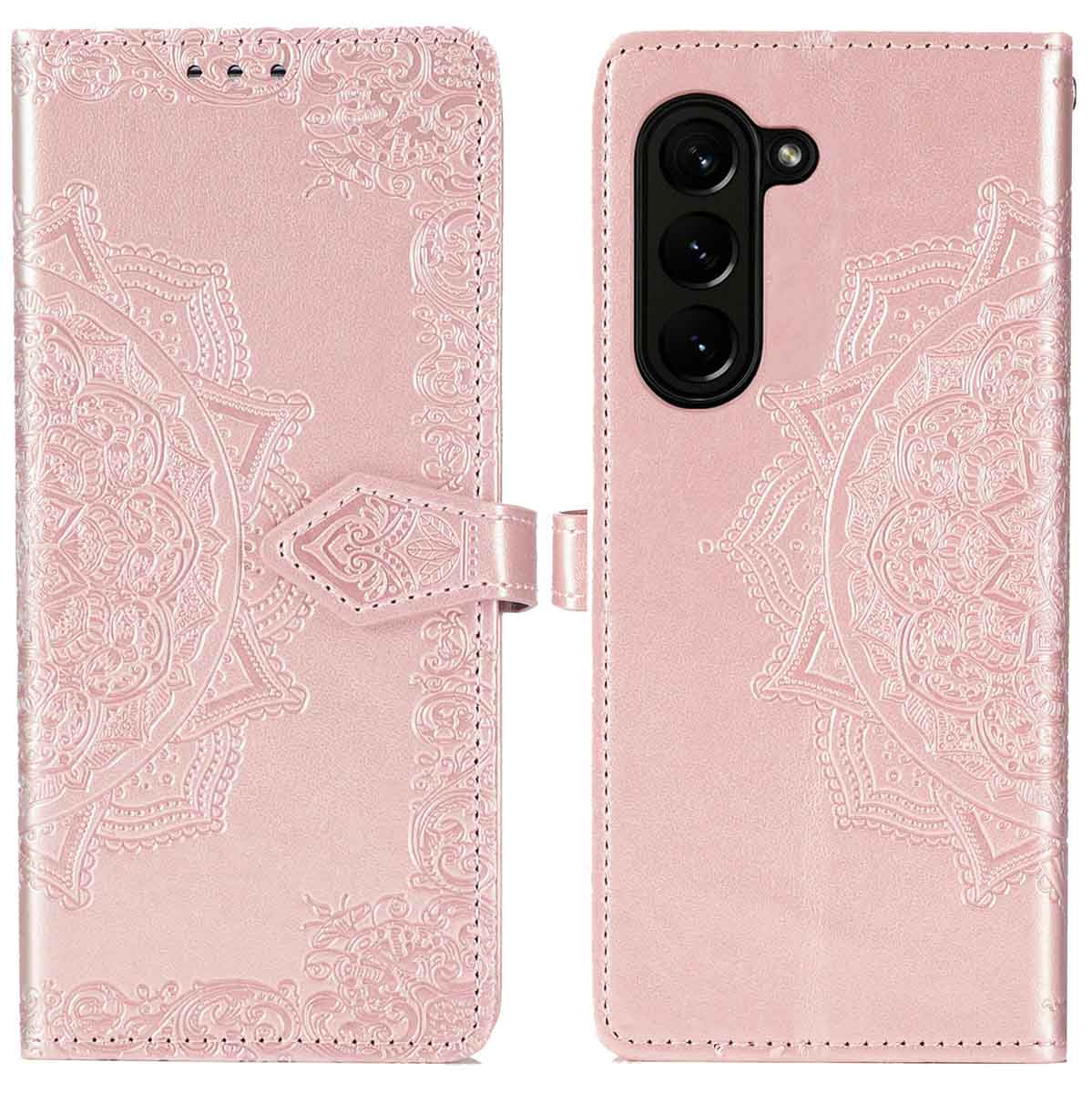 Roze telefoonhoes met een mandala-ontwerp en een telefoon. De hoes is open en toont de telefoon.