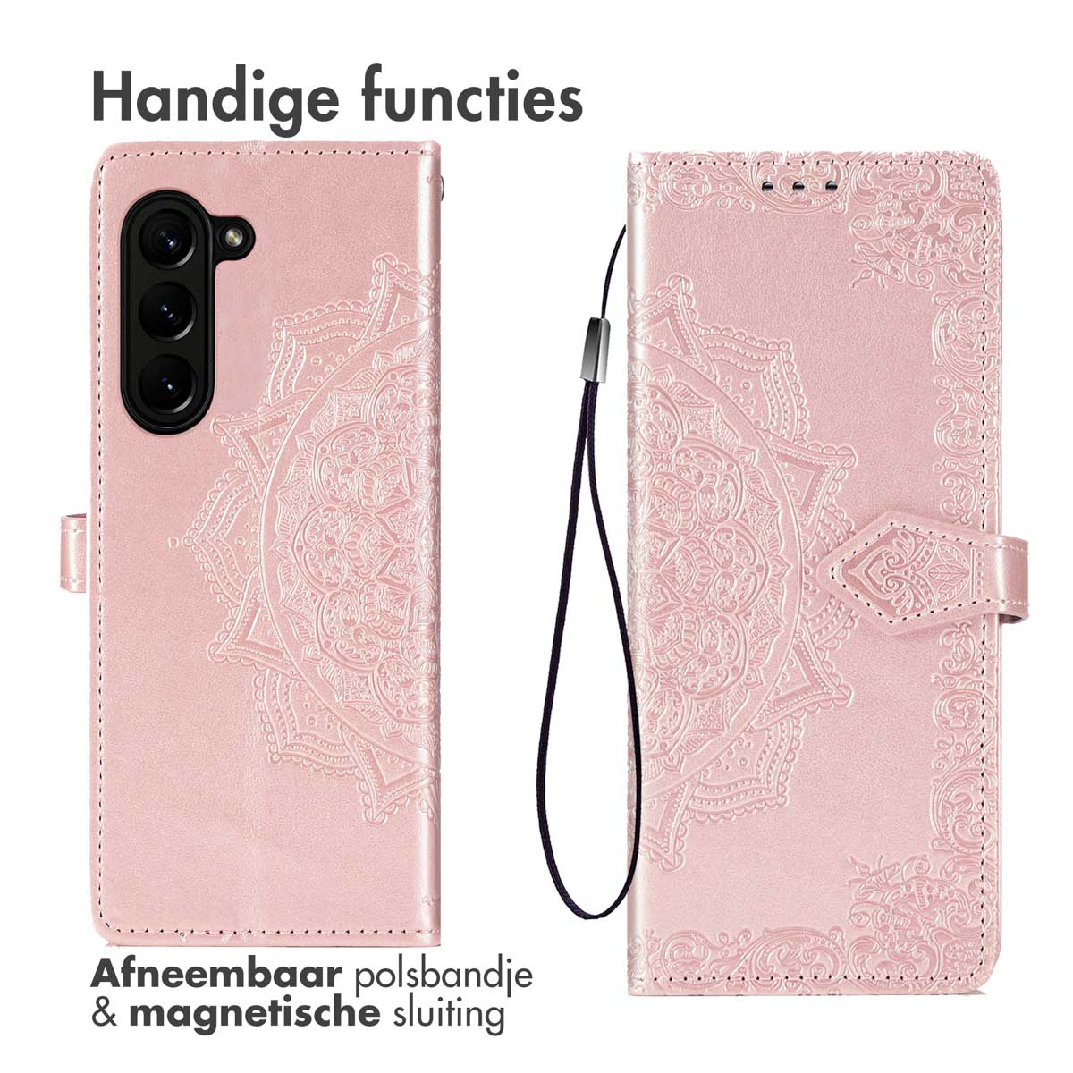 Roze telefoonhoes met mandala-ontwerp, afneembaar polsbandje en magneetsluiting.