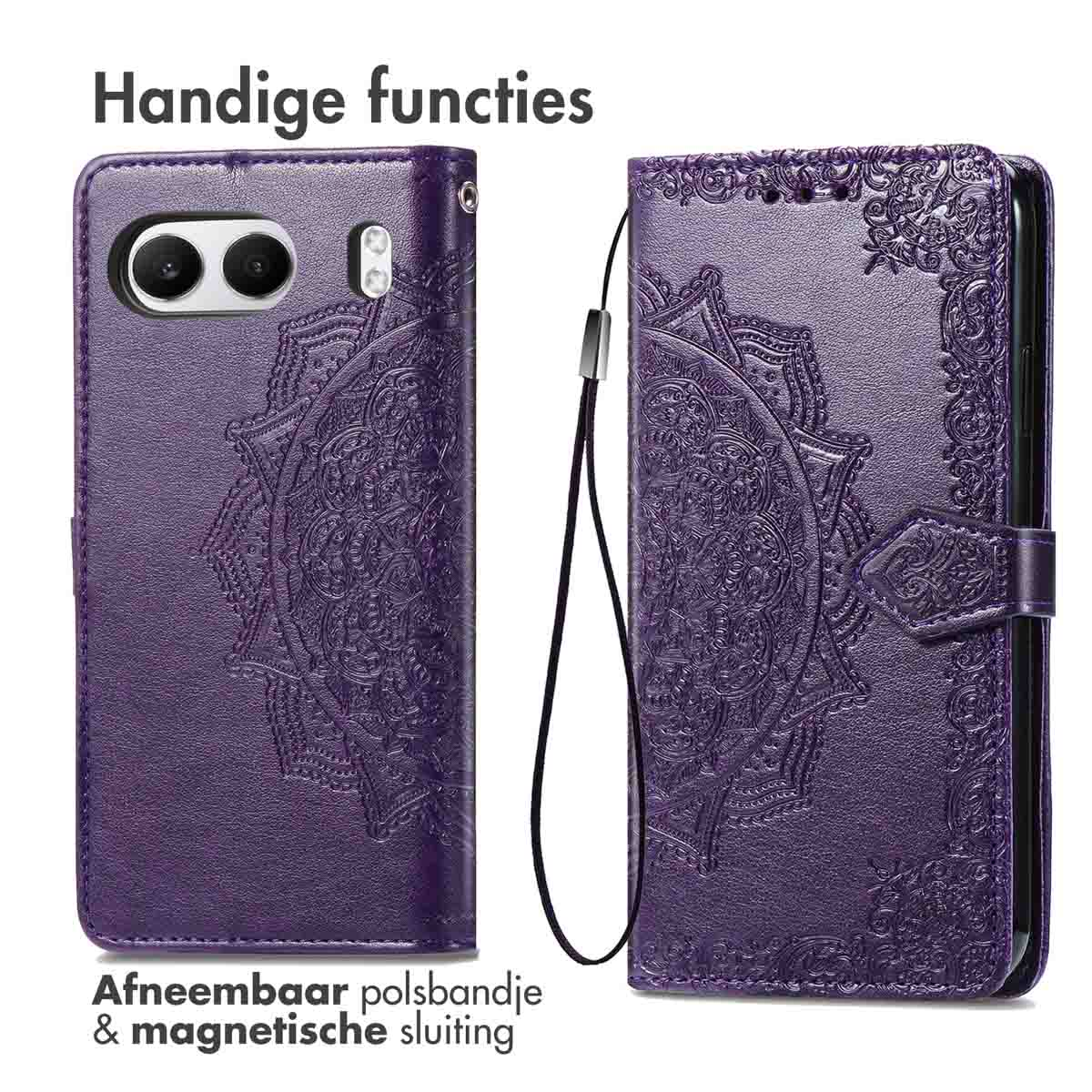 Custodia per telefono viola con design mandala. Con cinturino da polso rimovibile e chiusura magnetica.