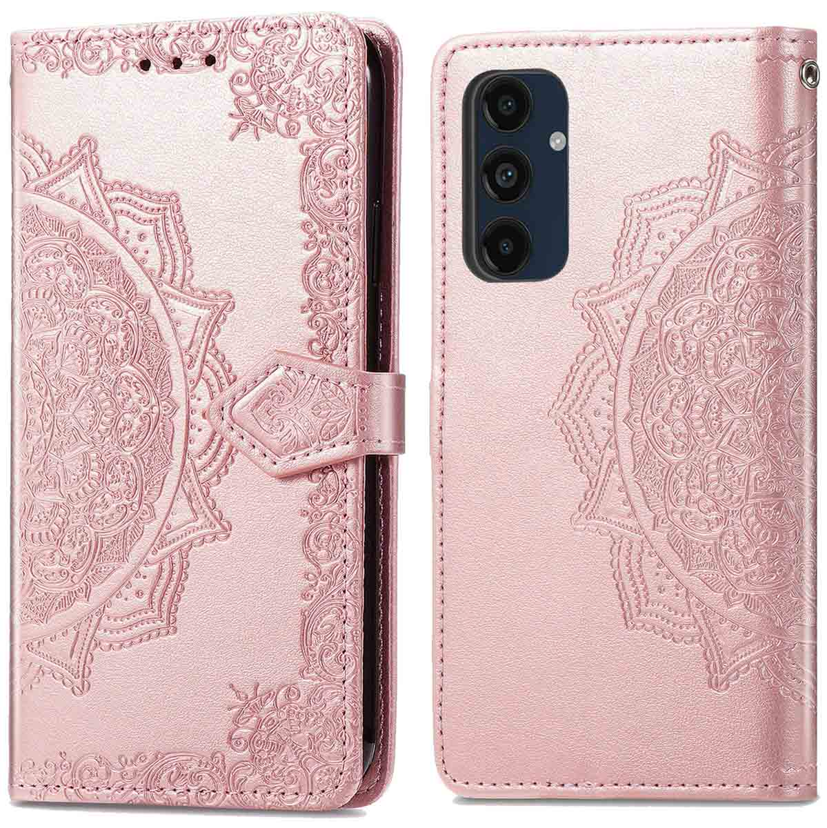 Étui de téléphone rose avec motif mandala. Vues ouvertes et fermées. Comprend une fermeture.
