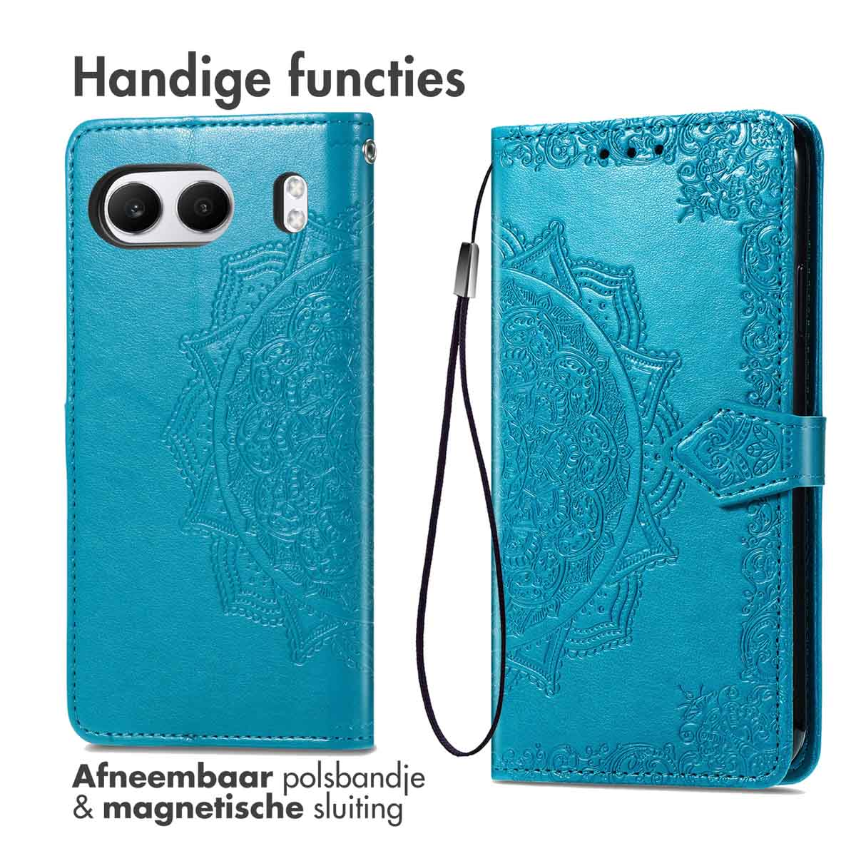 Custodia per telefono blu aperta, con design mandala. Ha un cinturino da polso rimovibile.