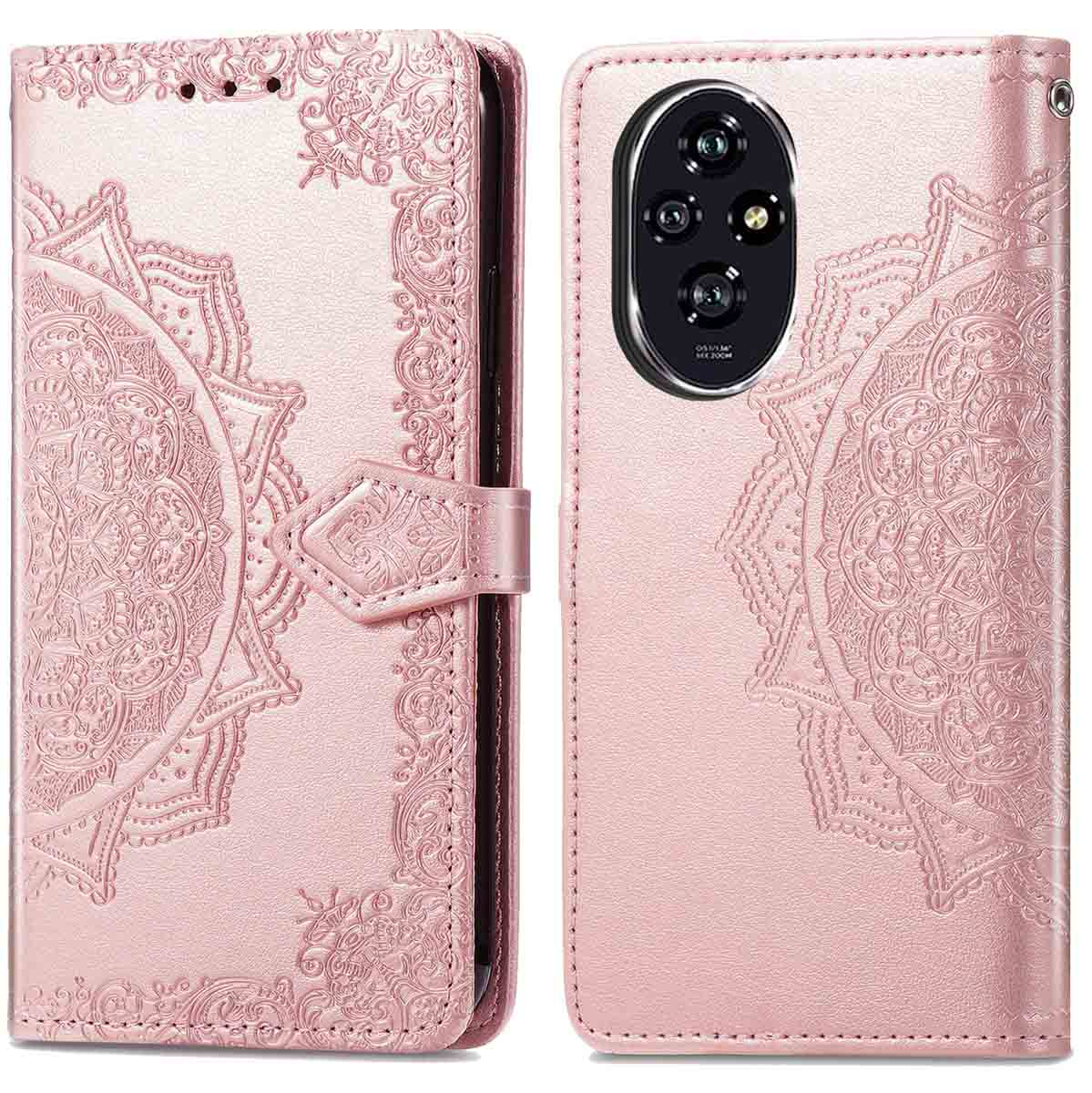 Custodia per telefono rosa con design a mandala. La custodia ha una chiusura magnetica.