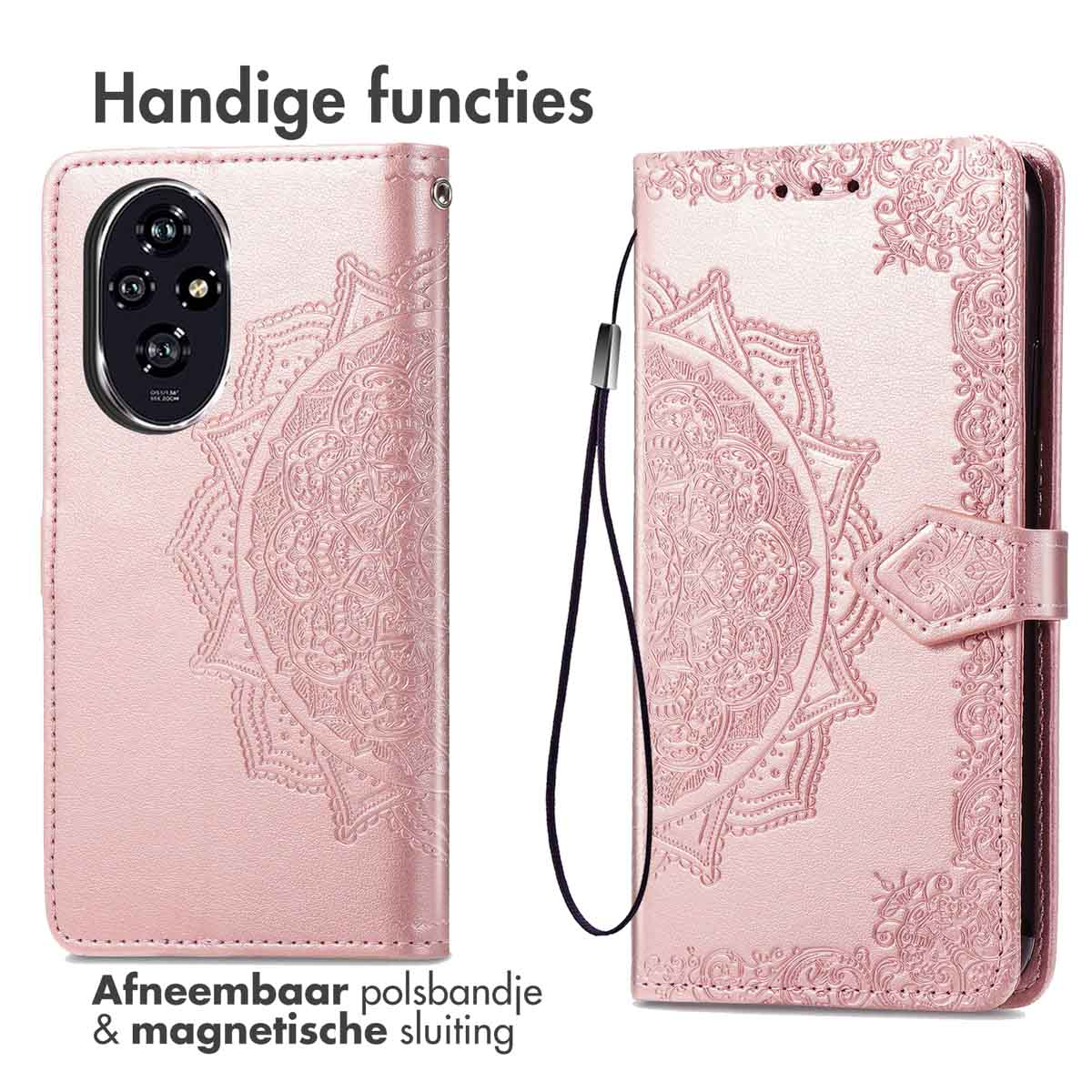 Custodia rosa per telefono con design mandala e chiusura magnetica.