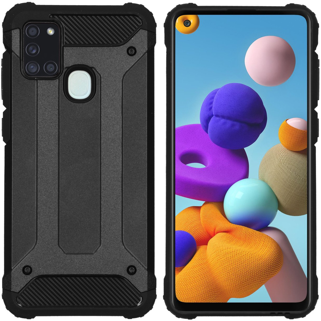 Zwarte telefoonhoes met beschermend ontwerp. Telefoon met kleurrijke achtergrond. Camera's zichtbaar.