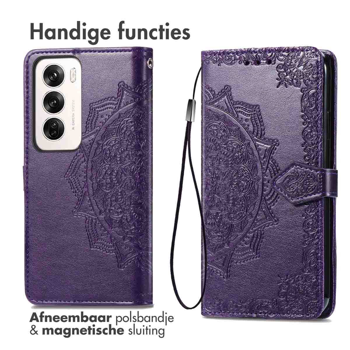 Paarse telefoonhoes met reliëf. Polsbandje en magnetische sluiting. Telefoon met camera's zichtbaar.
