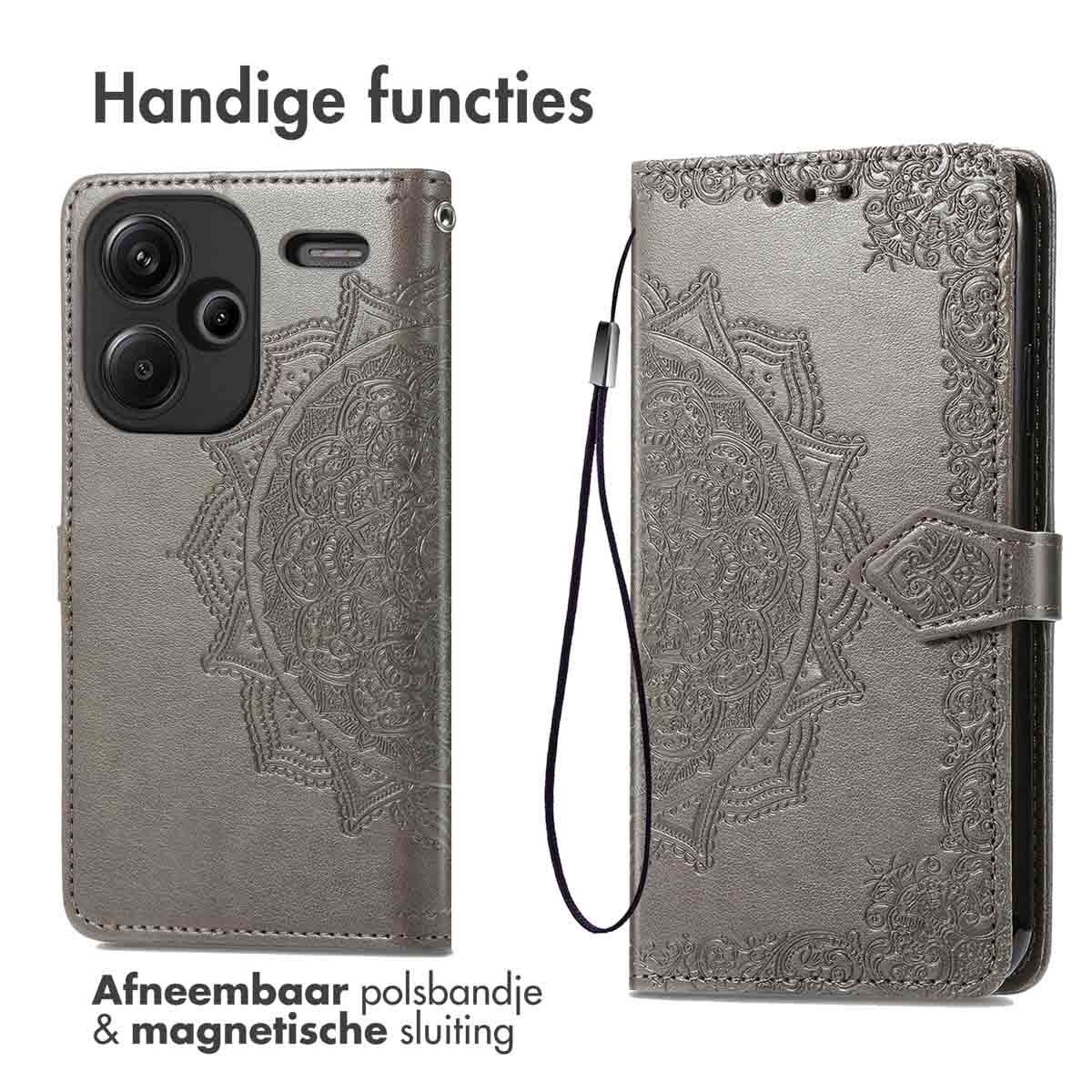 Custodia per telefono grigia con design mandala. Con cinturino da polso staccabile e chiusura magnetica.