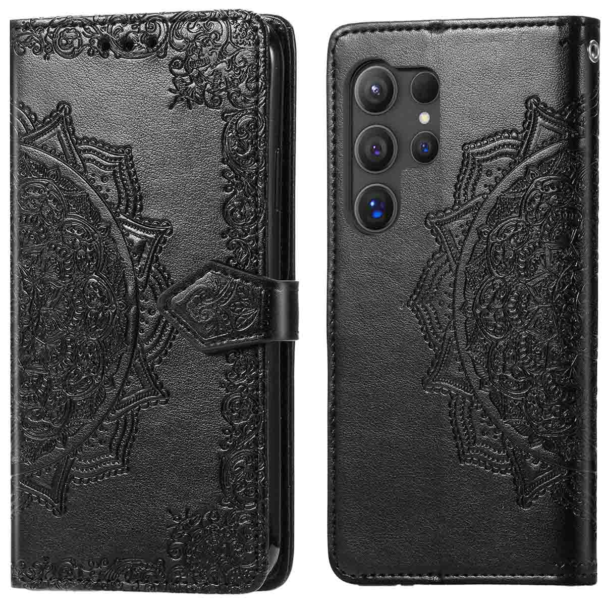 Zwarte telefoonhoes met reliëfpatroon. Open, gesloten met flap. Zwart.