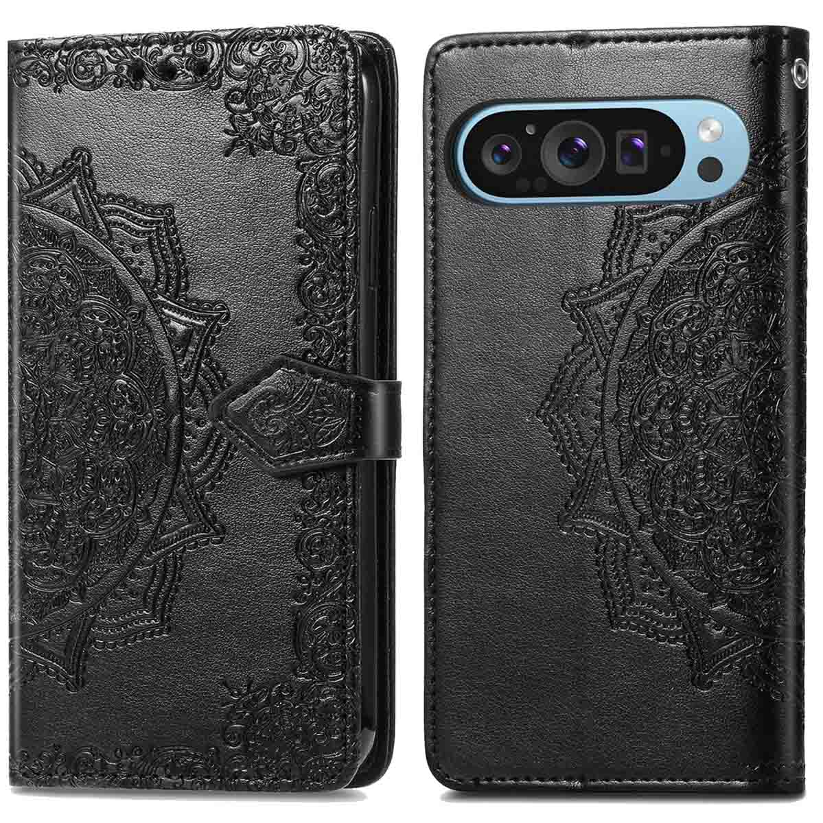 Coque de téléphone noire ouverte avec un motif mandala. Le téléphone est visible à droite.