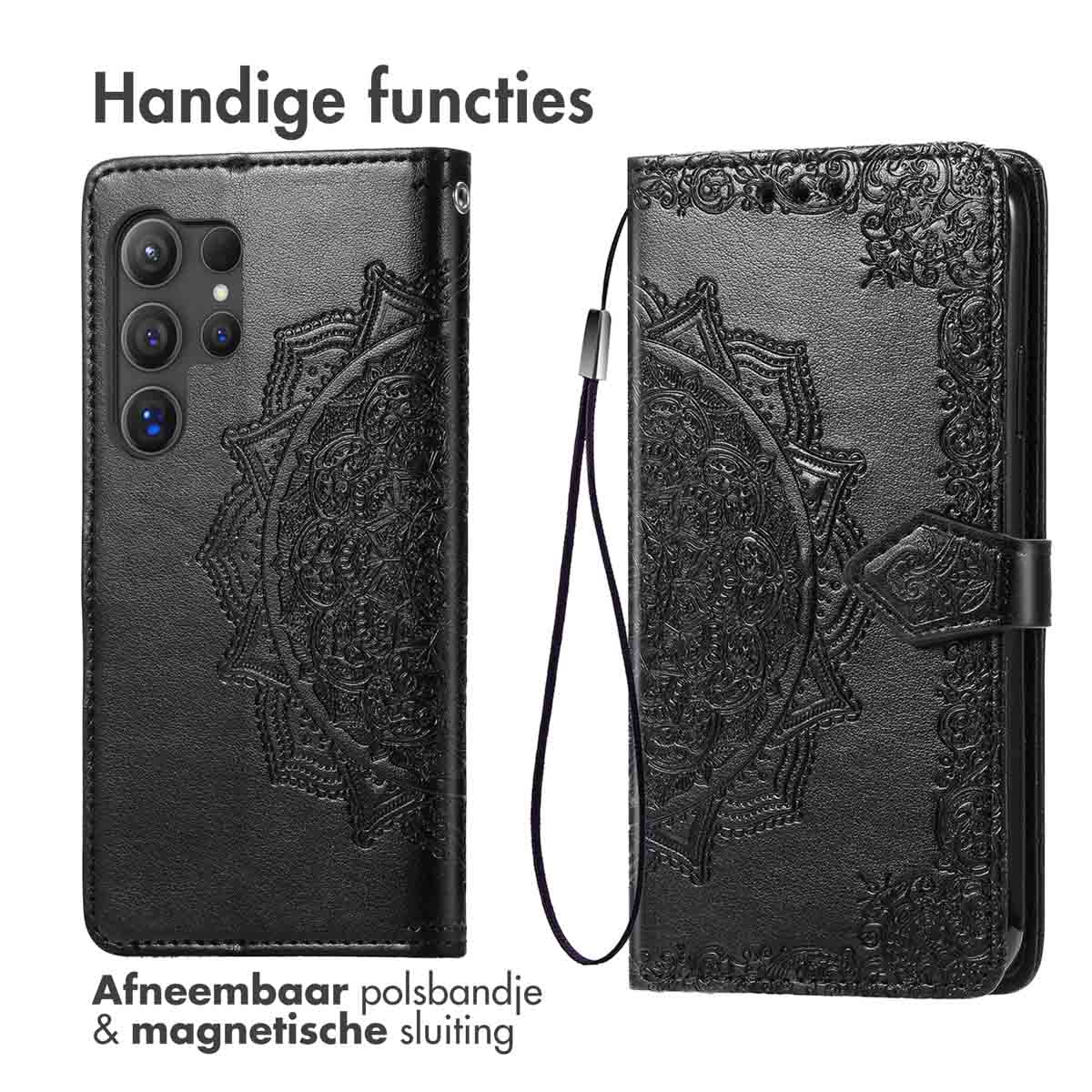 IMOSHION Mandala Bookcase - Geschikt voor Samsung Galaxy S25 Ultra - Telefoonhoesje voor Samsung Samsung Galaxy S25 Ultra Zwart