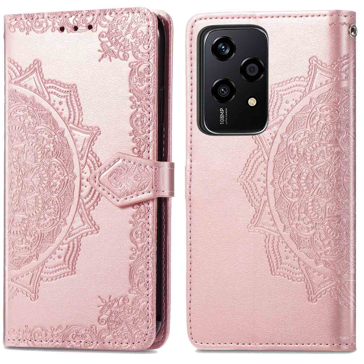 Étui de téléphone rose avec motif mandala et fermoir.