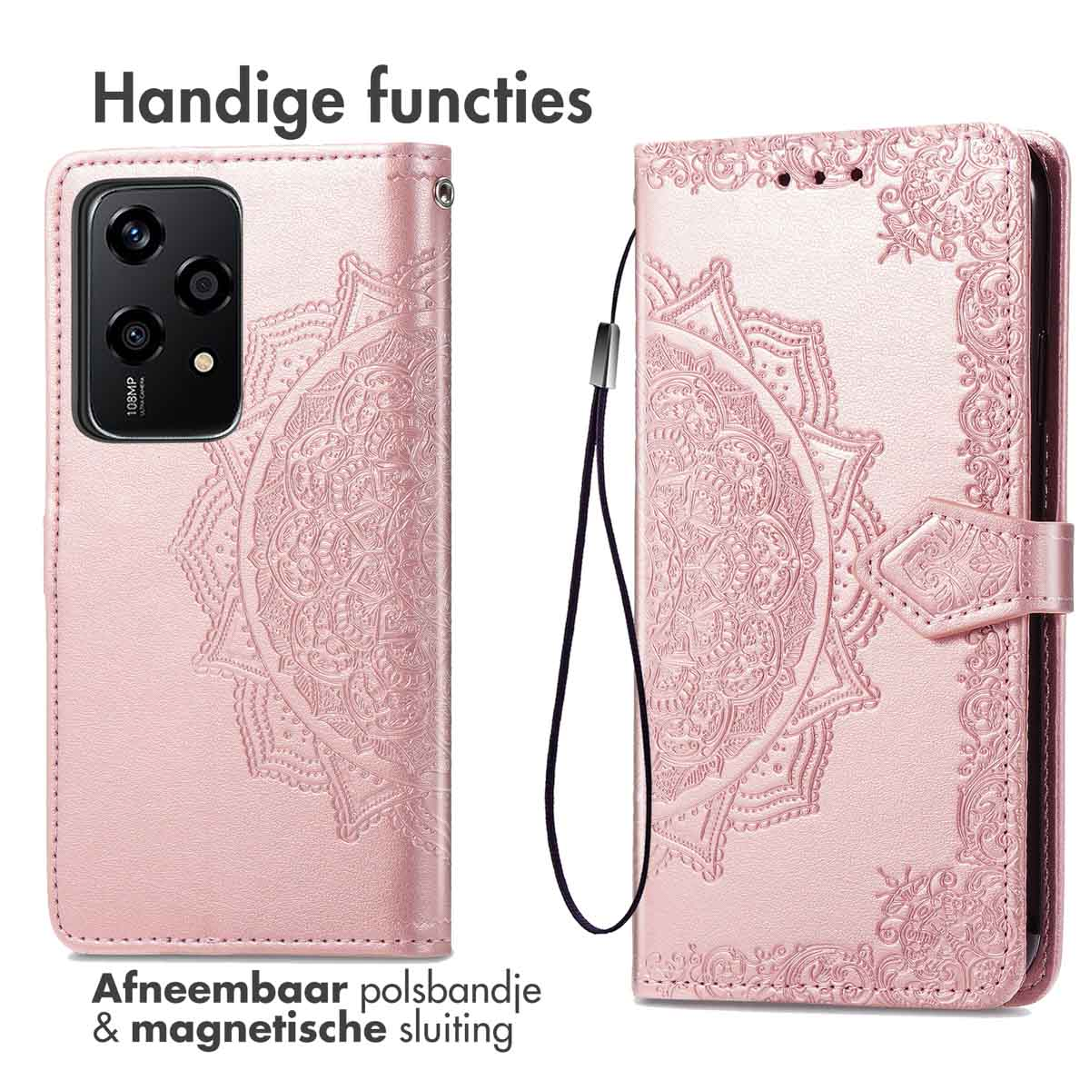 Étui de téléphone rose ouvert, avec motif mandala. Dragonne. Cuir.
