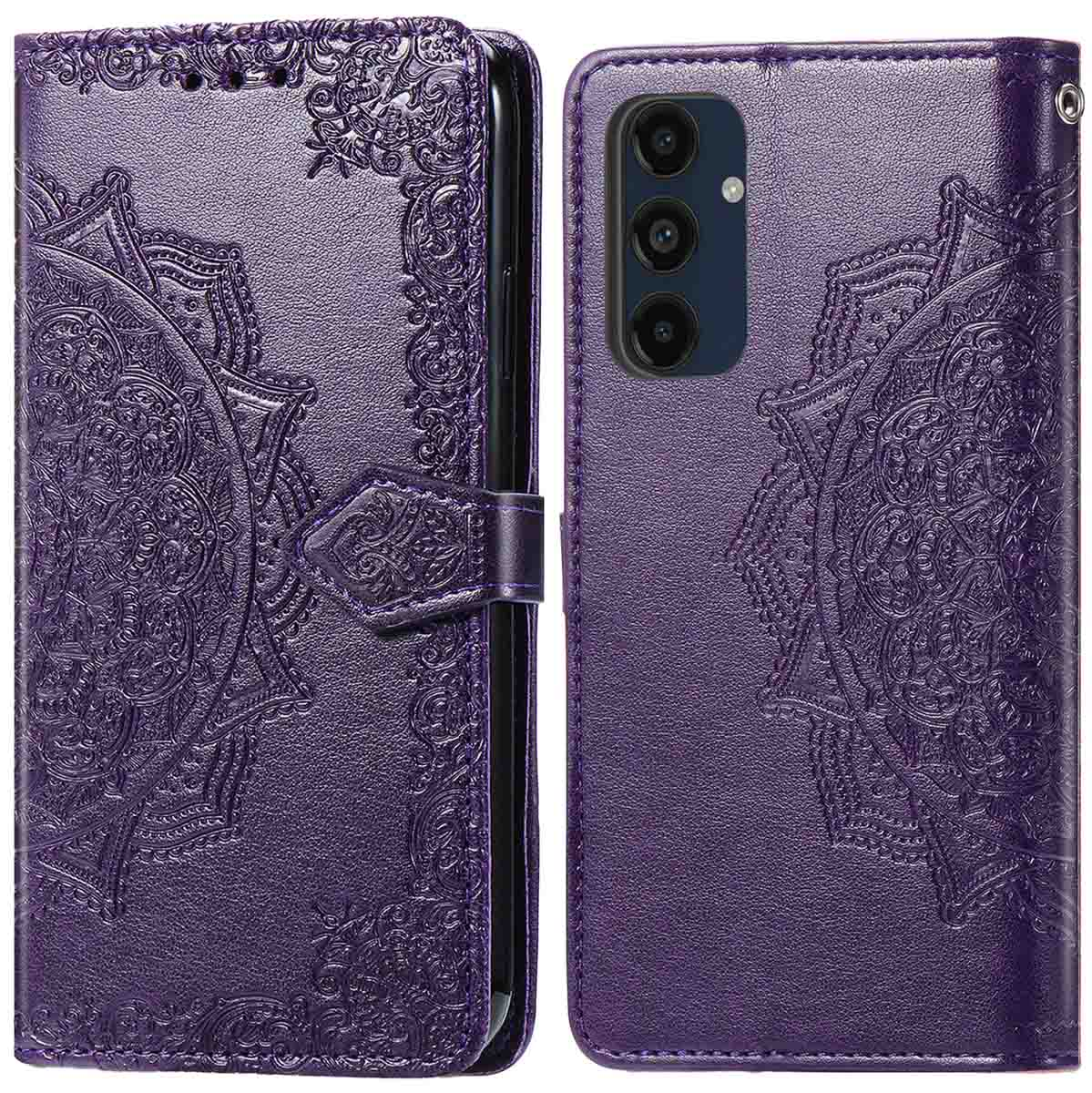 Paarse telefoonhoes met mandala ontwerp, open met een telefoon erin.