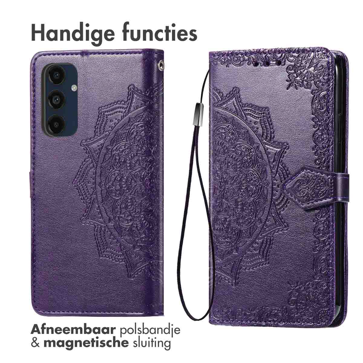 Paarse telefoonhoes met reliëf. Polsbandje en magnetische sluiting. Telefoon met camera zichtbaar.