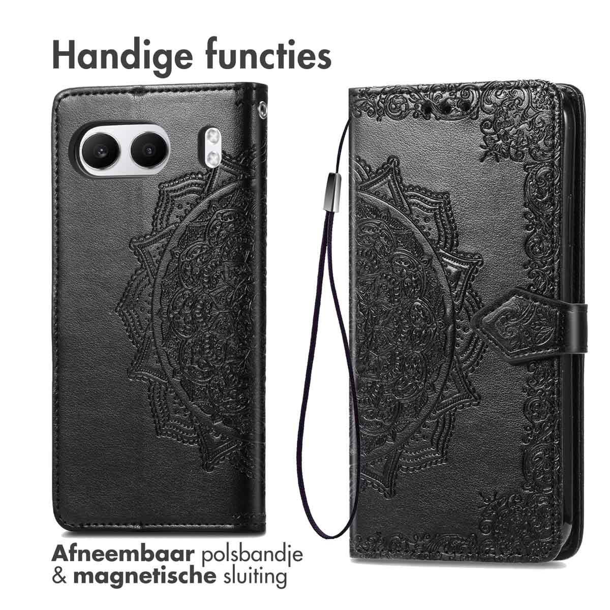 Custodia per telefono nera con design mandala. Con cinturino da polso rimovibile e chiusura magnetica.
