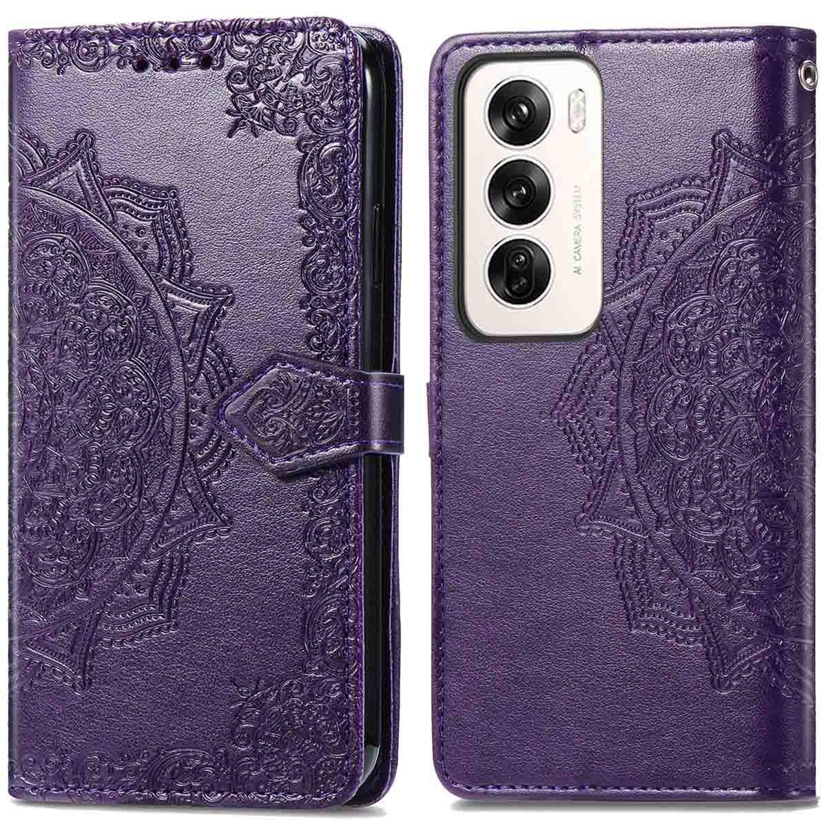 Étui de téléphone violet, fermé et ouvert, avec motif mandala. Avec fermeture magnétique et caméra.