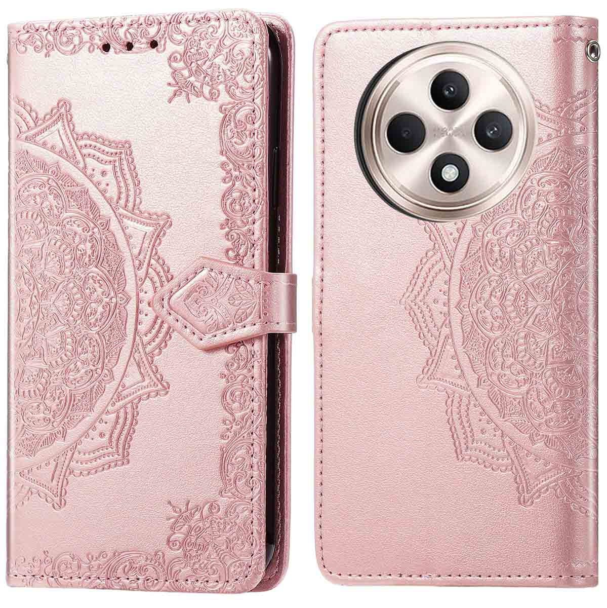Roze telefoonhoes met een mandala-ontwerp. De telefoon zit aan de rechterkant.