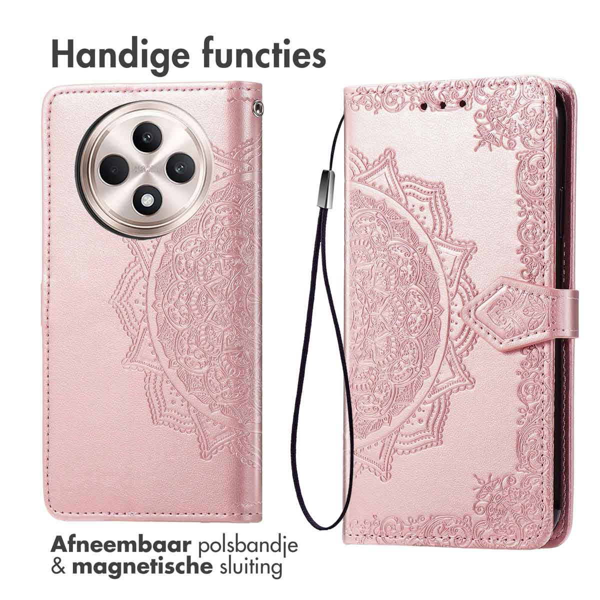 Roze telefoonhoes, open. Met polsbandje en mandala-ontwerp.