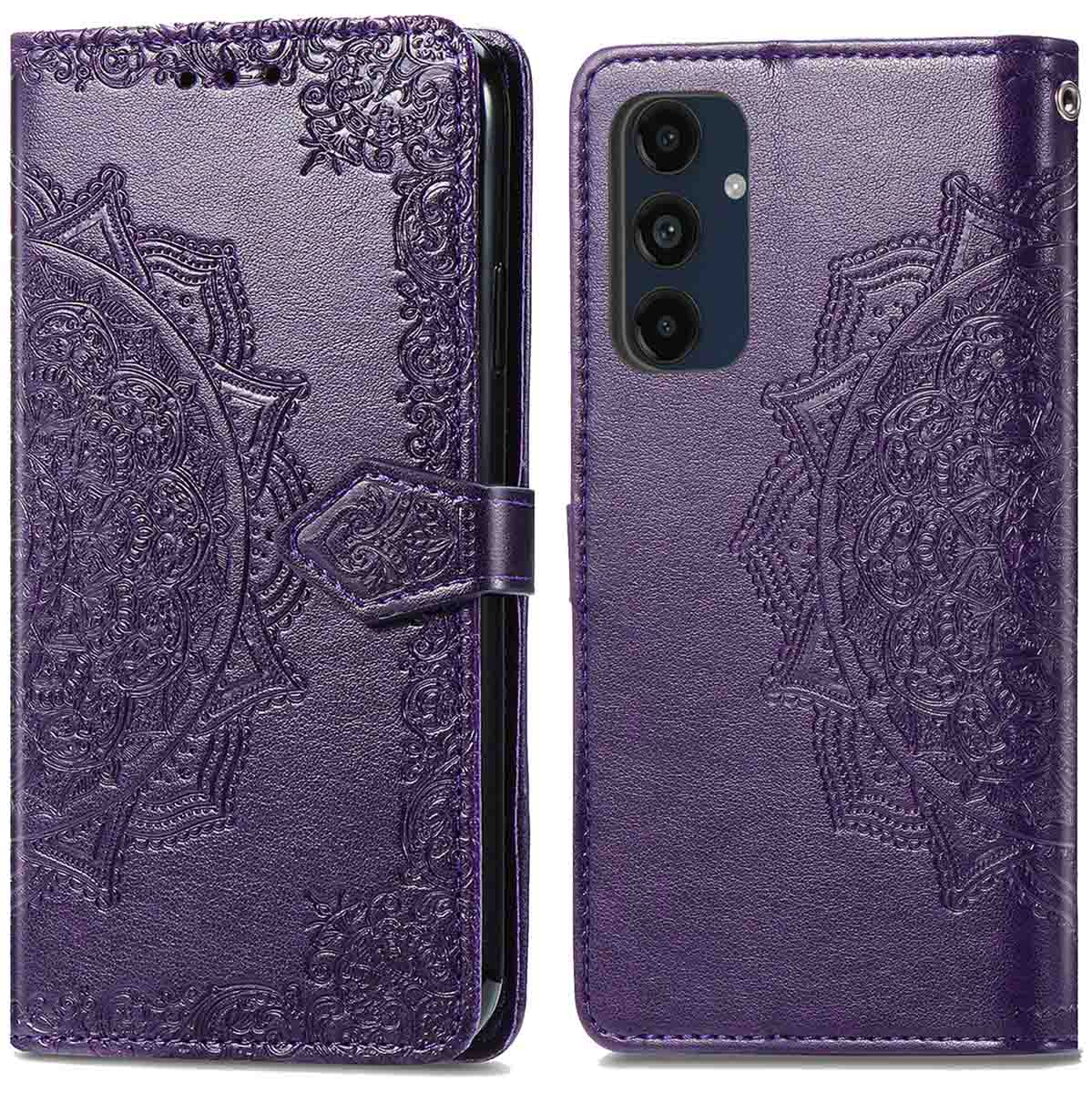 Étui violet pour téléphone avec motif mandala et rabat.