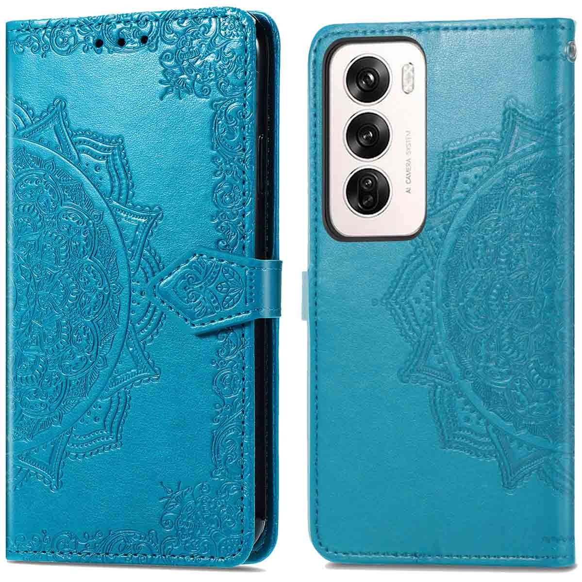 Blauwe telefoonhoes open, met mandala-ontwerp en een telefoon. De telefoon heeft een camera.