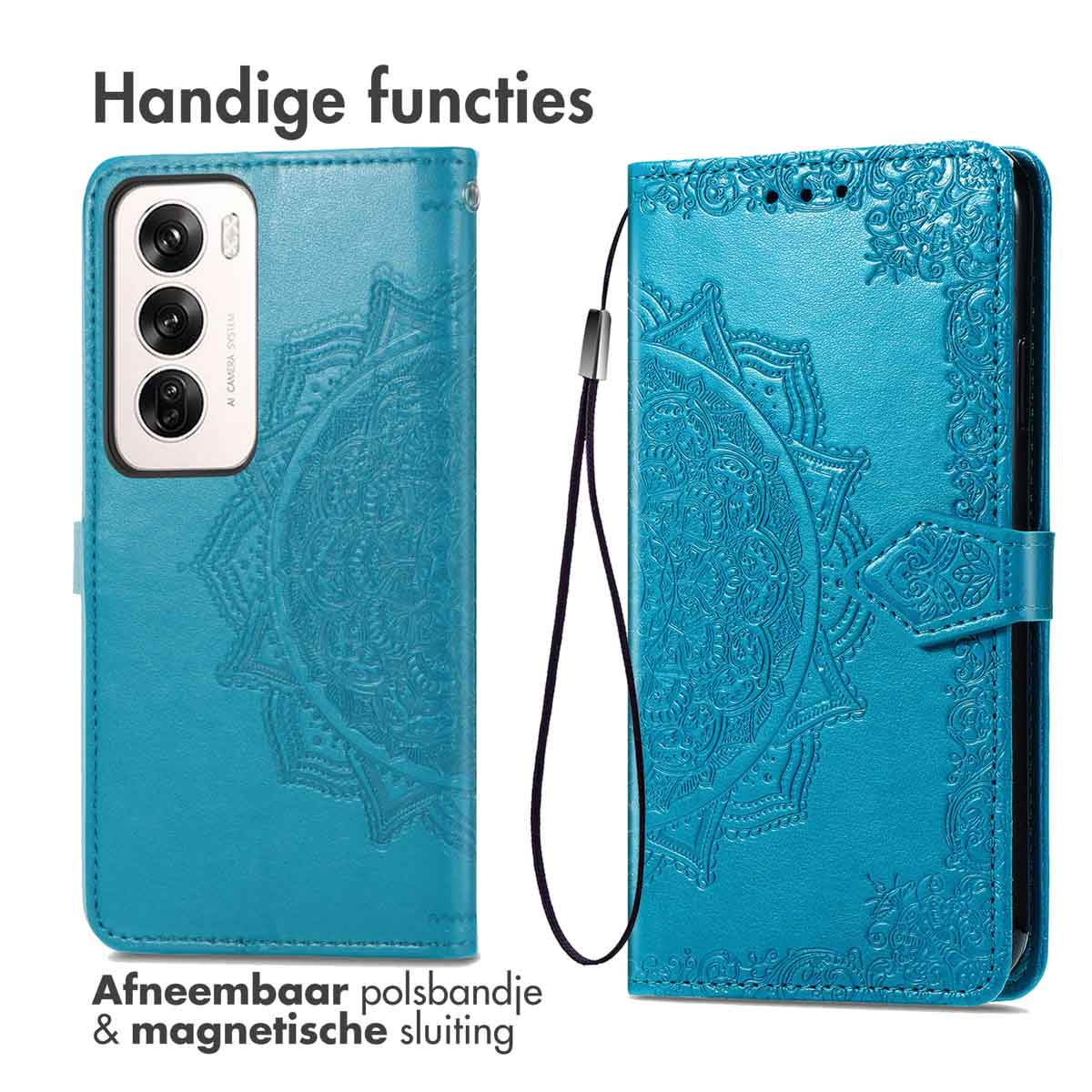 Teal telefoonhoesje met een mandala-patroon. De hoes heeft een polsbandje en magneetsluiting.