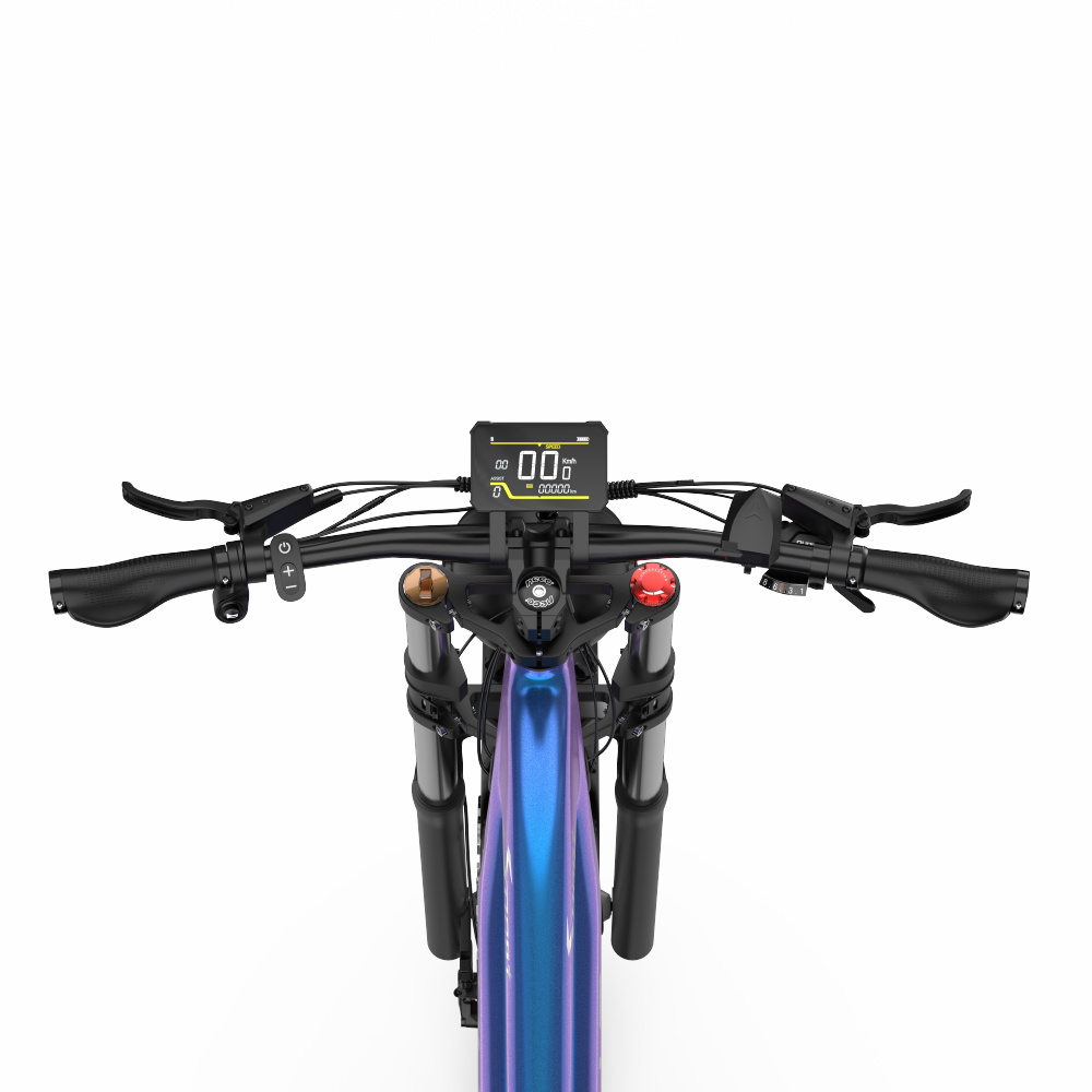 Fahrradlenker, Bildschirm und Vorderradaufhängung. Das Fahrrad ist blau und lila.