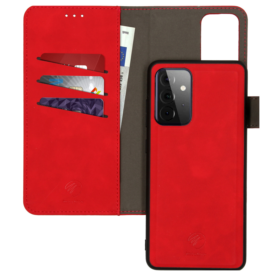 Étui de téléphone rouge avec emplacements pour cartes, un téléphone et un billet.