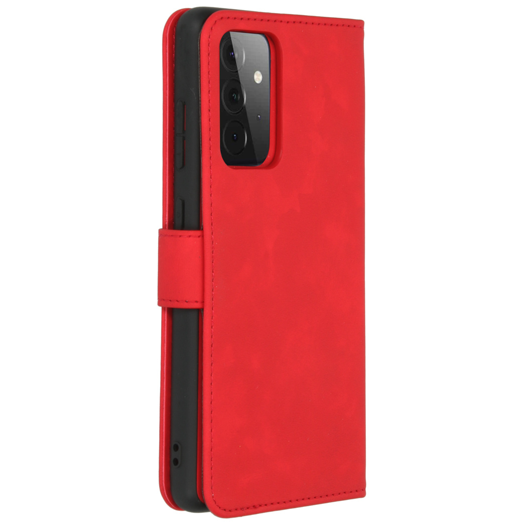 Étui de téléphone rouge avec fermeture à languette rouge. Le téléphone est visible à droite.