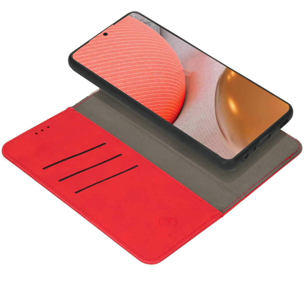 Étui de téléphone rouge ouvert, avec téléphone à l'intérieur, sur surface blanche. Lignes noires.