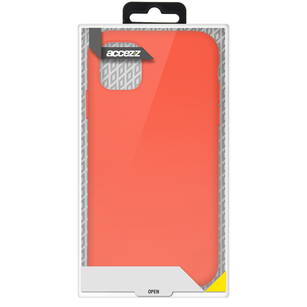 Telefoonhoes in een doos, oranje van kleur, met een transparante voorkant.
