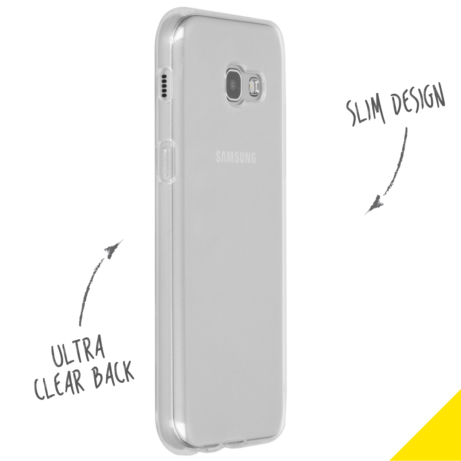 Coque de téléphone transparente sur blanc. Design fin et dos ultra clair. Téléphone Samsung.