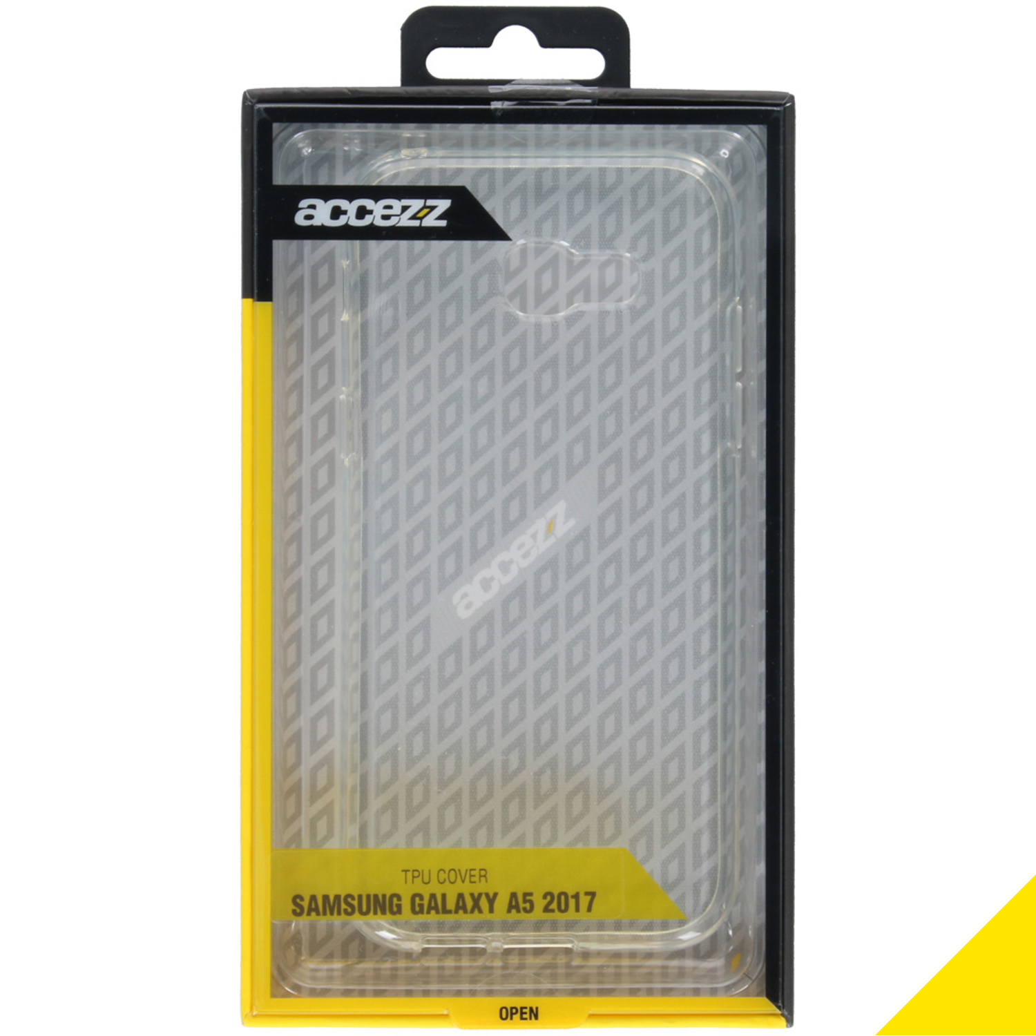 Coque de téléphone transparente dans une boîte noire et jaune avec la marque accezz.