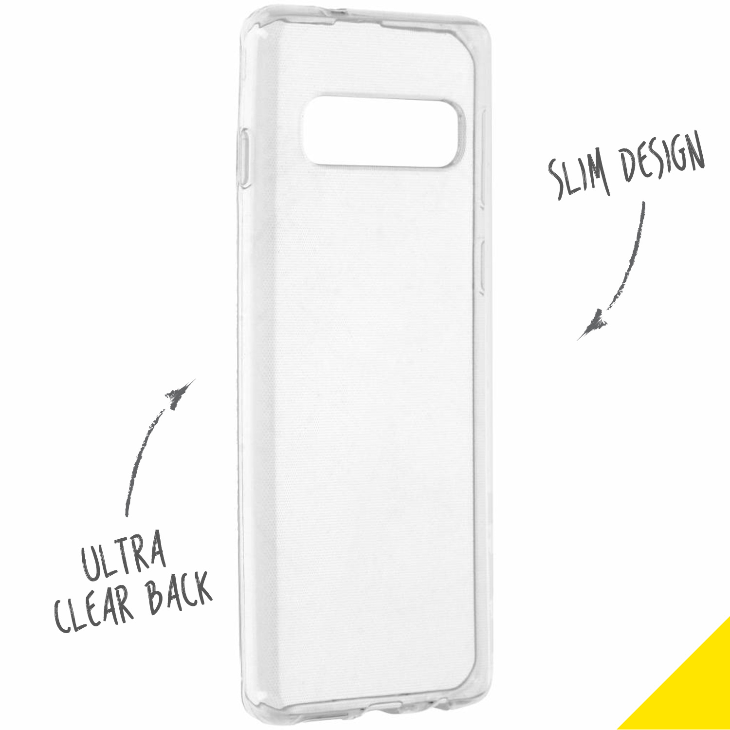 Transparante telefoonhoes. De woorden "Ultra Clear Back" en "Slim Design" staan op de hoes.