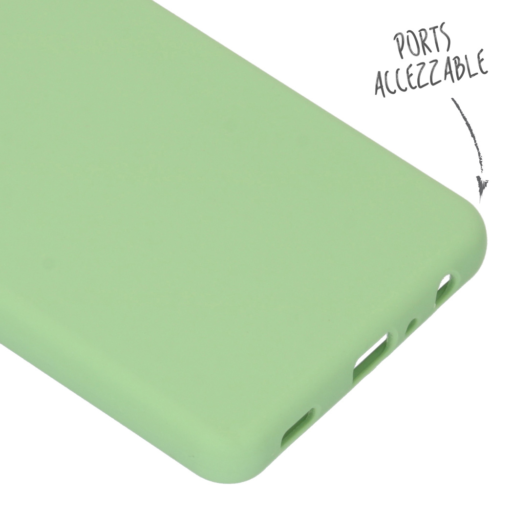 Un primo piano di una custodia per telefono verde chiaro. Porte accessibili.