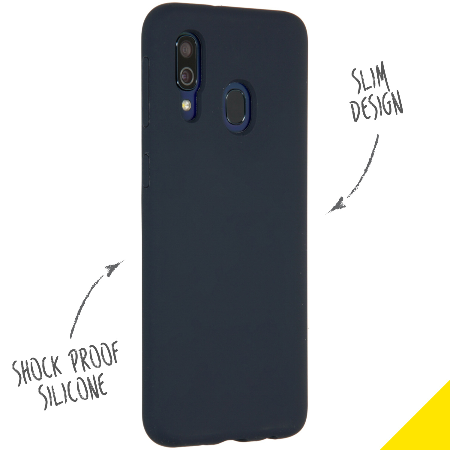Donkerblauwe telefoonhoes op een witte achtergrond. Het heeft een camera en een vingerafdruksensor.