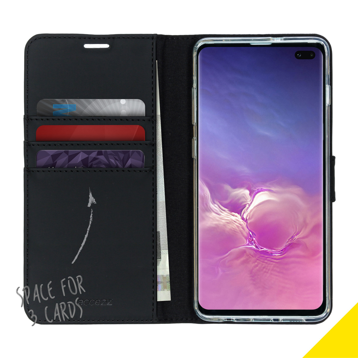 Coque de téléphone noire ouverte avec cartes et argent à l'intérieur. Le téléphone est visible à droite.