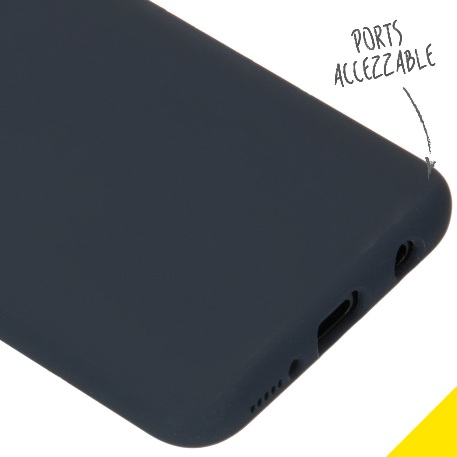 Donkerblauwe telefoonhoes met poorttoegangsdetails. Witte achtergrond.