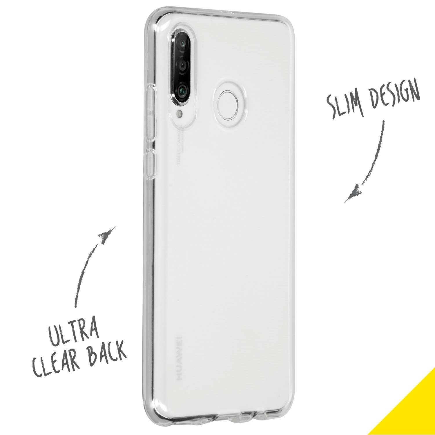 Coque transparente, avec étiquettes 'design fin' et 'dos ultra clair'.
