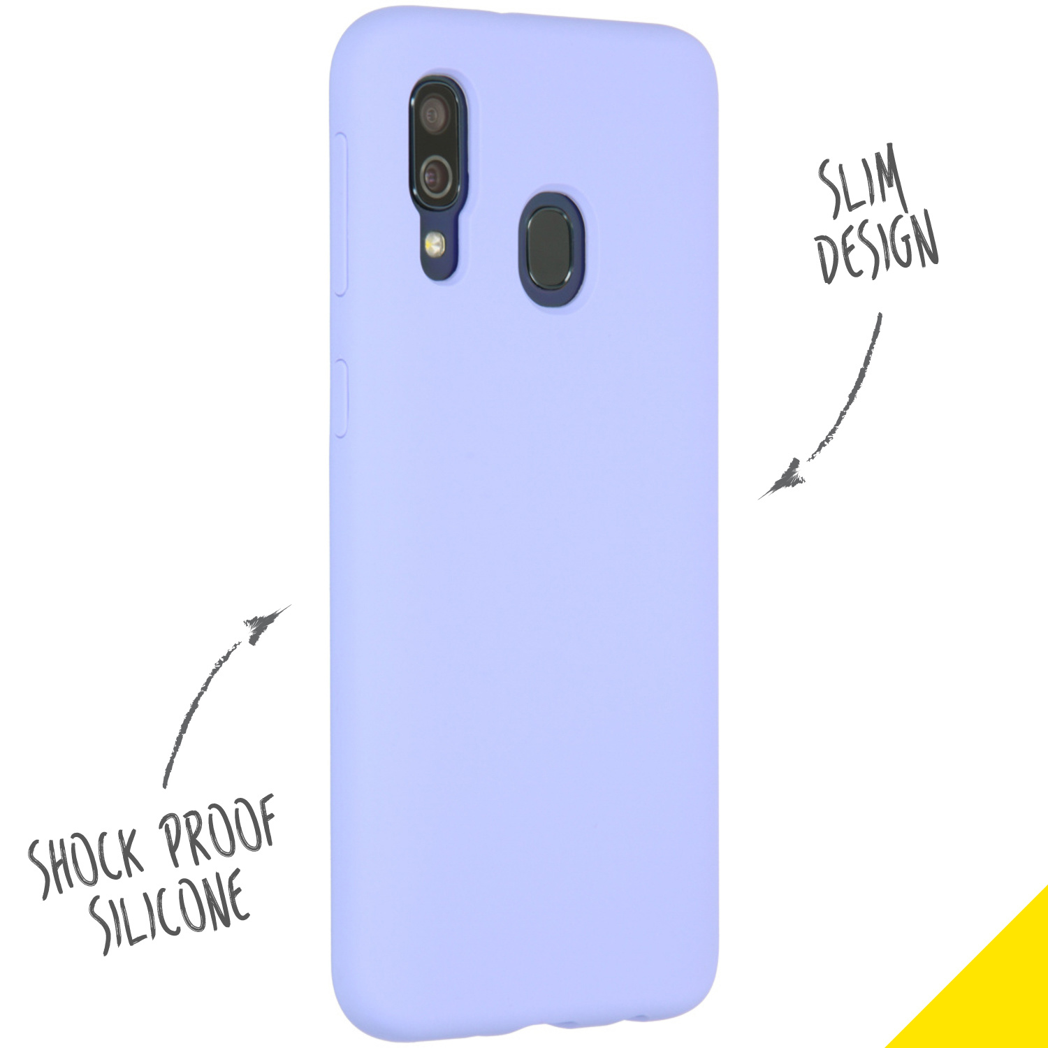 Coque de téléphone lilas, flèches pointent vers 'silicone antichoc' et 'design fin' près du téléphone.